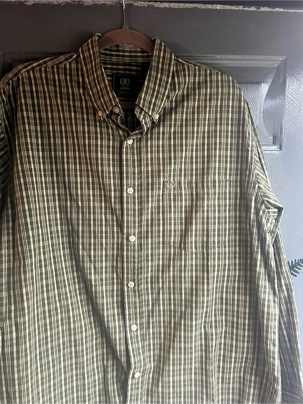 IZOD Saltwater Men’s L Long Sleeve Button-Down Plaid Shirt Green White6